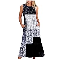 Warehouse Deals Clearance Open Box Women Loose Long Tank Dress Summer Sleeveless Sundress Geometry Print Crewneck Maxi Dresses Flowy Midi Dress Plus Size Dress Blue
