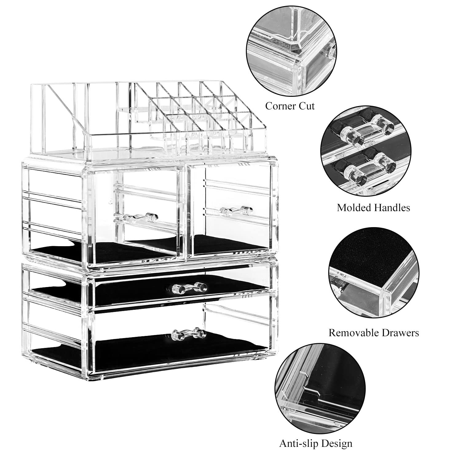 DreamGenius Makeup Organizer 3 Pieces Acrylic Cosmetic Storage Drawers Organizer for Vanity and Bathroom, Stackable Cosmetic Organizer Countertop with 4 Drawers