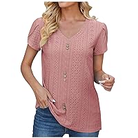 Summer Tops for Women 2024 Fashion Petal Short Sleeve T Shirt V Neck Eyelet Tops Summer Trendy Casual Dressy Blouses