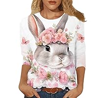 Women's Easter Day T-Shirts 3/4 Sleeve Blouse Cute Bunny Rabbit Print Graphic Tee Crew Neck Loose Casual Shirt