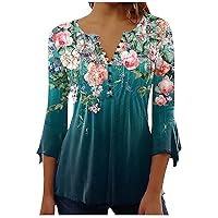 3/4 Sleeve Shirts for Women Loose Fit Pleated Tops Floral Printed Graphic Tees V Neck Trendy Tops Cute Casual Work Blouses