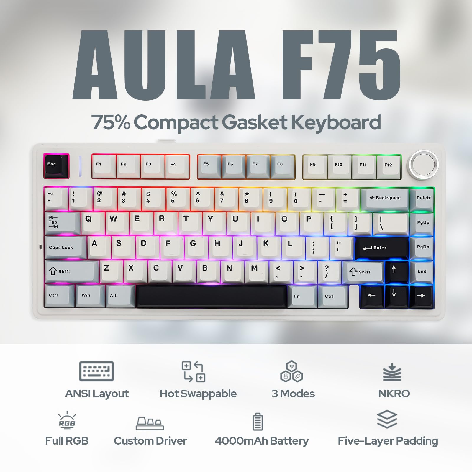 EPOMAKER x Aula F75 Gasket Mechanical Keyboard, 75% Wireless Hot Swappable Gaming Keyboard with Five-Layer Padding&Knob, Bluetooth/2.4GHz/USB-C, RGB (Light Blue, Ice Vein Switch)
