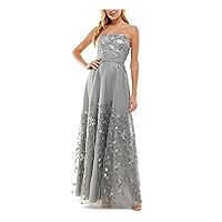 Womens Gray Embroidered Lace Zippered Sleeveless Strapless Full-Length Gown Prom Dress Juniors 7