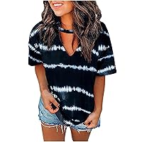 Women Summer Shirts Tie Dye Printed Tee Casual Fashion V Neck Tops Loose Fit Trendy T Shirt Soft Workout Blouses