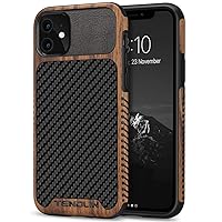 TENDLIN Compatible with iPhone 11 Case Wood Grain with Carbon Fiber Texture Design Leather Hybrid Case