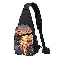 Sling Bag Crossbody for Women Fanny Pack Coconut Trees and Sunrise Chest Bag Daypack for Hiking Travel Waist Bag