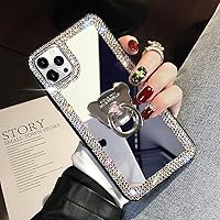 LUVI Compatible with iPhone 14 Pro Mirror Case Cute for Women Girls Bling Glitter Diamond Rhinestone with Ring Holder Loopy Finger Grip Kickstand Stand Cover Luxury Fashion Phone Case Silver