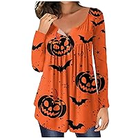 XHRBSI Fall T Shirts for Women 2023 Fashion Casual Long Sleeve Halloween Buttons Print Round-Neck Pullover Top Blouse