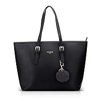 LI&HI Women's Handbag Shopper Elegant Black Bag Large School Handbag with Rabbit Fur Ball Plush Key Ring (Upgraded Version) 34 x 29 x 15.5 cm