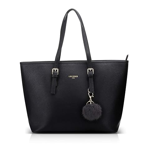 LI&HI Women's Handbag Shopper Elegant Black Bag Large School Handbag with Rabbit Fur Ball Plush Key Ring (Upgraded Version) 34 x 29 x 15.5 cm