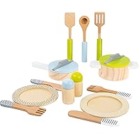 wooden toys- Premium 15 Piece Kitchen Playset- Cooking and Dining Set Includes Pots, Plates and Utensils- Ideal for Toddlers 2+, Multi, (11098)