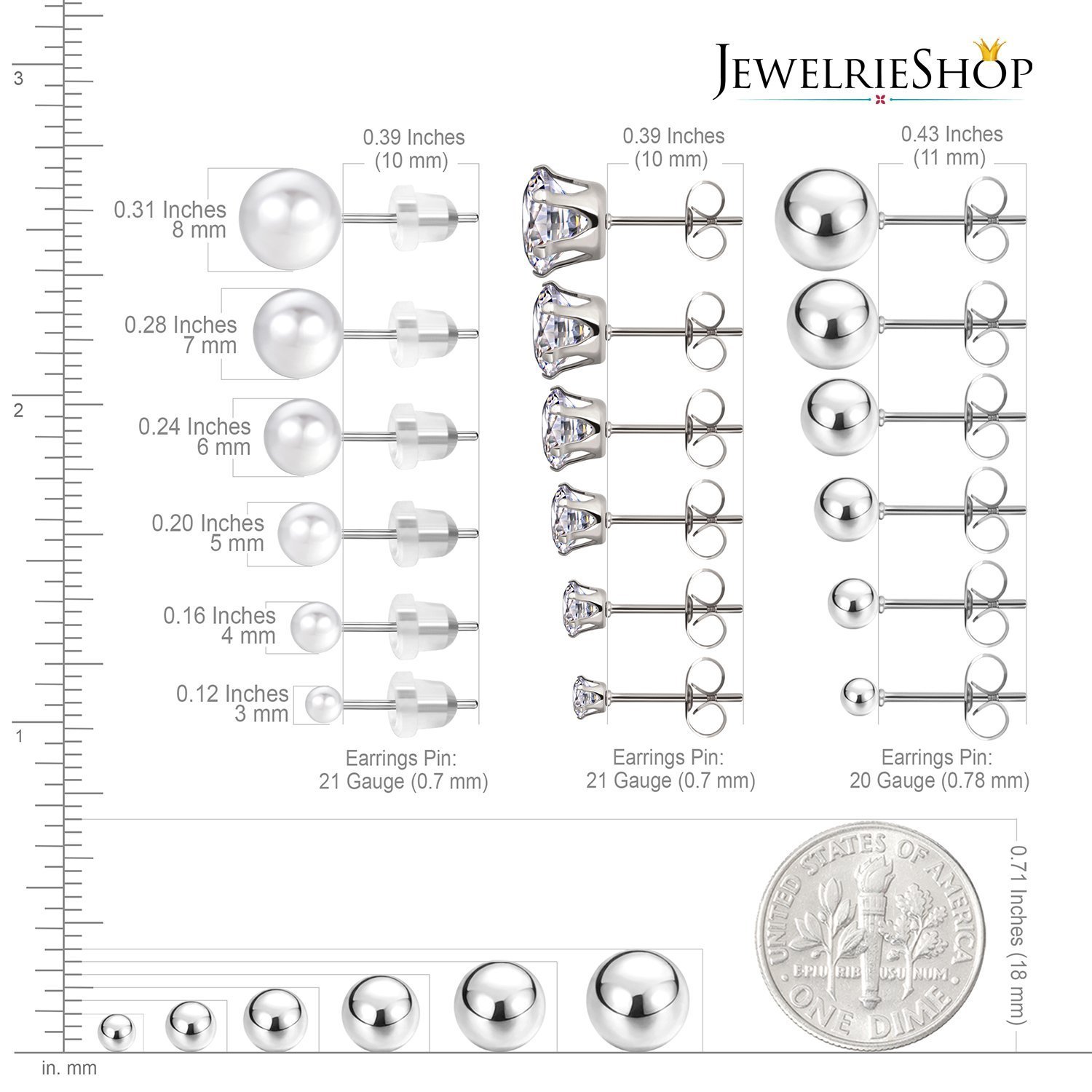 JewelrieShop Earrings Studs Set for Women Girl Stainless Steel CZ Ball Faux Pearl Hoop Hypoallergenic Silver Multiple Ear Stud Earing for Men