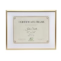 FrameWorks 11”x14” Matted to 8.5”x11” – Deluxe Brass Gold Aluminum Contemporary Diploma Frame with Tempered Glass and Removable Mat