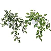 Fake Plants, Artificial Plants 15 Inch Faux Peperomia Watermelon Plants for Indoor Outdoor Decor,Realistic Artificial Hanging Plants in Pot for Home Office Perfect Housewarming Gift,2 Pack