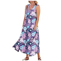 Long Sundress for Women Boho Floral Sleeveless Baggy Shirt Maxi Dress with 2 Pockets Cute Flowy Pleated Linen Dress S-5X