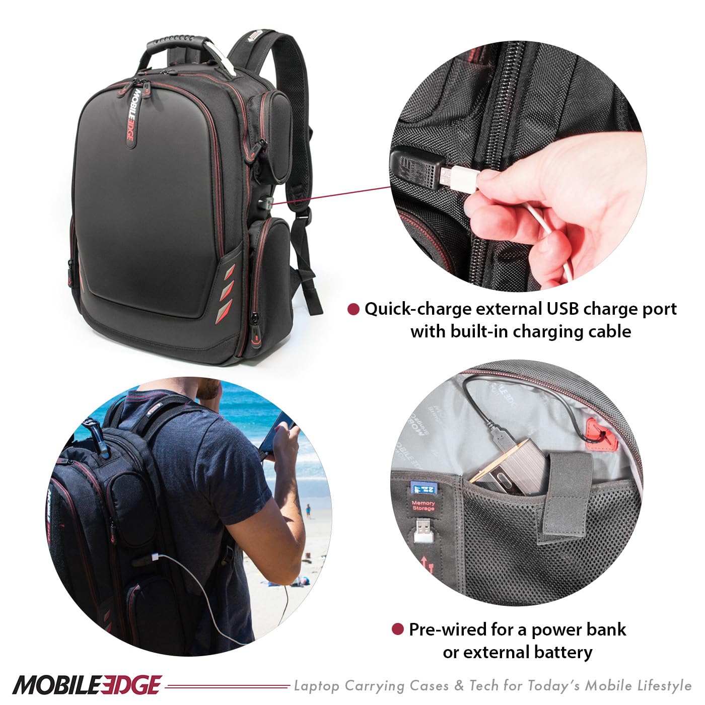 Mobile Edge Core Gaming Laptop Backpack, Molded Front Panel, 17 - 18 Inch, External USB 3.0 Quick-Charge Port and Built-in Charging Cable ScanFast TSA Checkpoint Friendly Black w/Red Trim MECGBP1