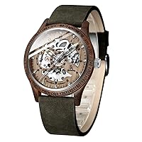 IK COLOURING Men's Watches Luxury Mechanical Wooden Case Skeleton Lumious Automatic Self-Winding Lightweight Genuine Leather Bracelet/Wood Band Wrist Watch