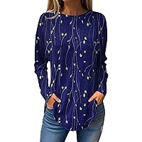 Long Sleeve Tops for Women Crewneck Spring Shirts Fashion Casual Loose Vintage Floral Print Basic Tee