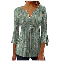 Womens Trendy Button Down Shirts Dressy Floral Print Tunic 2024 Summer Tops Buttons V Neck 3/4 Sleeve Casual Blouses