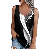 Womens Tank Tops Summer Sleeveless Scoop Neck Button Loose Fit Shirts Lightweight Solid/Printed Tank Blouse