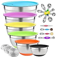 23pcs Mixing Bowls with Lids Set, Stainless Steel Metal Nesting Bowls 6, 3, 2.5, 2, 1.5, 1QT with Magnetic Measuring Spoons for Cooking Baking Supplies Kitchen Essentials Tools
