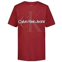 Calvin Klein Boys' Short Sleeve Logo Crew Neck T-Shirt, Soft, Comfortable, Relaxed Fit, Red Dahlia
