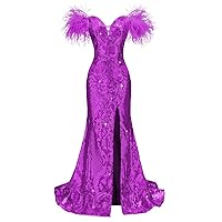 Feather Sequin Prom Dresses for Women Off Shoulder Glitter Mermaid Formal Evening Gowns with Slit