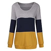Women Color Block Cutout Sweatshirt Casual Round Neck Cute Tunic Tops Loose Fit Long Sleeve Pullover Bottoming Shirt (Medium,Multicolor 1)