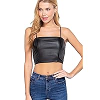 Women's Back Smocked Detail PU Coated Cami Bustier Faux Leather Crop Top