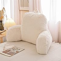 Faux Fur Reading Pillow Bed Wedge Large Adult Children Backrest with Arms Back Support for Sitting Up in Bed/Couch for Bedrest,Ivory,Large