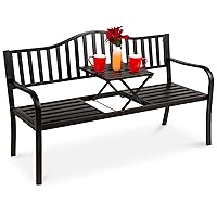 Outdoor Garden Bench with Pullout Middle Table, Double Seat Steel Metal for Patio, Porch, Backyard w/Weather- Resistant Frame, 600lb Weight Capacity - Black