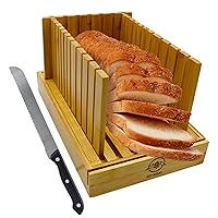 Premium Bamboo Bread Slicer With Stainless-Steel Knife, Foldable And Compact With Crumb Tray, Cutting Guide For Homemade Bread, Cake, Bagels, Sourdough and Baker Baking Tools Supplies