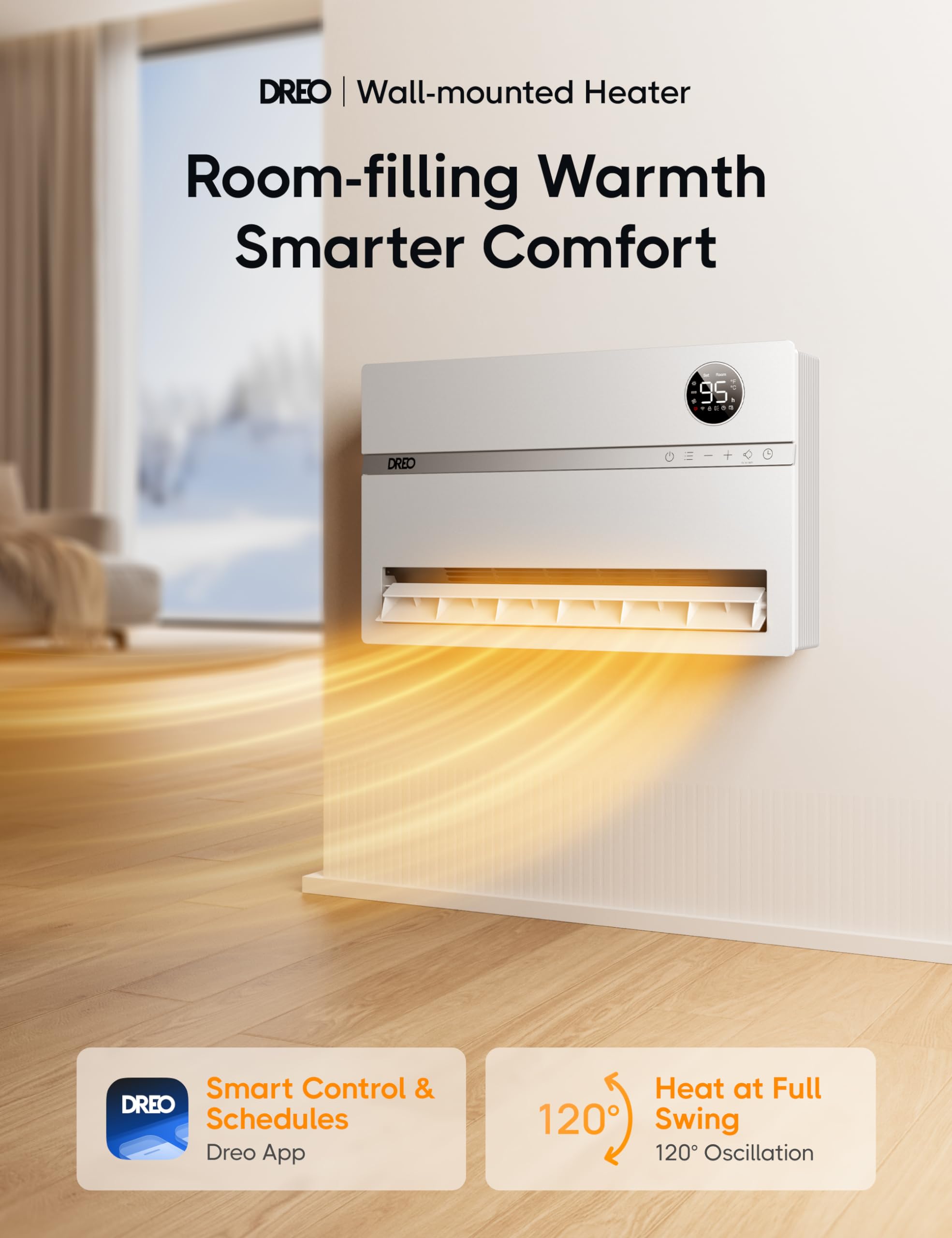 Wall-Mounted Heater, Smart Space Heater for Bedroom with Dreo FortPlug Overheat Protection, 120° Vertical Oscillation, Thermostat, 24H Timer, 1500W Electric Heater for Indoor, Garage, WH729S