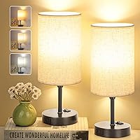 GGOYING Set of 2 Bedside Table Lamp, Bedroom Lamps with 3-Color Modes, AC Outlet, Linen Round Lampshade Nightstand Lamp for Livingroom Reading Working