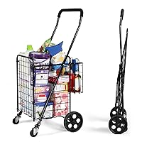 Folding Shopping Cart w/Rolling Swivel Wheels, Utility Cart for Groceries Laundry Transport Stair Climber, Double Basket, Adjustable Handle, Portable Grocery Cart, Light Weight, Save Space