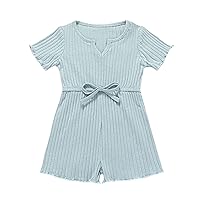 Baby Toddler Girls' Cute Colorful Summer Cotton Bow V Neck Short Sleeved Jumpsuit Dresses for Big Girls