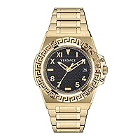 Versace Greca Reaction Collection Luxury Mens Watch Timepiece with a Gold Bracelet Featuring a Gold Case and Black Dial