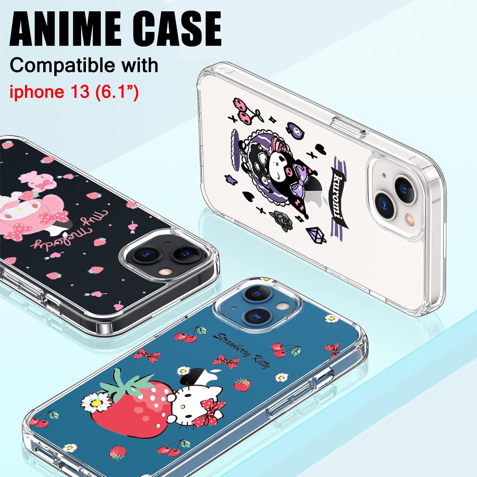 Cute Phone Case Compatible for iPhone 13 (6.1 Inch) for Women Girls Kids,Clear Case with Kawaii Anime Strawberry Cat Pattern Design Slim Soft Silicone Shockproof Phone Cover for iPhone 13