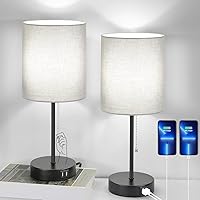 Bosceos Table Lamps Set of 2 with USB Charging Ports, Grey Bedside Lamps with AC Outlet, Nightstand Lamps with Pull Chain Switch, Minimalist Modern Desk Lamps