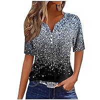 Womens Short Sleeve Tops Trendy V Neck T Shirts for Women Glitter Pattern Graphic Tees Fashion Ladies Button Up Blouses