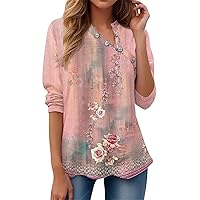 V Neck Long Sleeve Shirts for Women Irregular Button Up Fashion Print Tees Blouses Casual Loose Teen Girl Tops