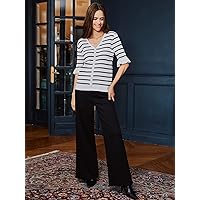 Women's Tops Sexy Tops for Women Women's Shirts Striped Pattern Flounce Sleeve Knit Top (Color : Black and White, Size : X-Small)