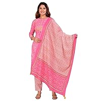 Yash Gallery Women's Mothers Day Gift Cotton Floral Printed Straight Kurti with Zig-Zag Printed Pant and Dupatta - Pink