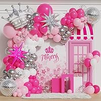 Pink and Silver Balloon Garland Arch Kit, 139pcs Pastel Pink Hot Pink Silver Disco Ball Crown Foil Balloons for Wedding Princess Theme Girls Birthday Bridal Baby Shower Party Decorations