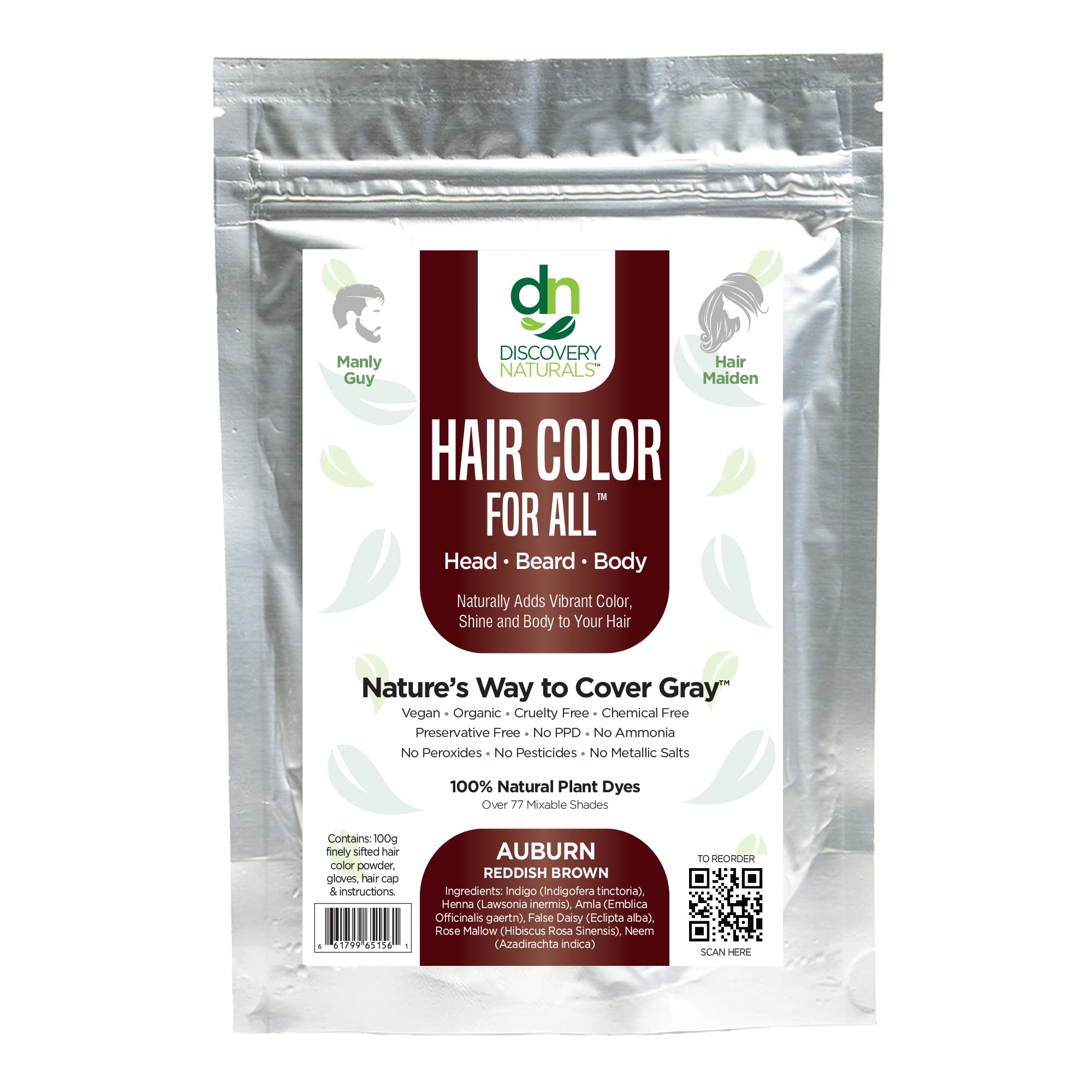 Discovery Naturals - Auburn Reddish Brown Natural Henna Hair Color For Men & Women, 100% Natural & Chemical-Free Henna Hair Dye for Hair & Beard, Easy To Use & Blends Well In Hair