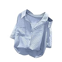 Women's Tops Casual Fashion Striped Strapless Patchwork Short Sleeve Shirt Top Summer, S-2XL