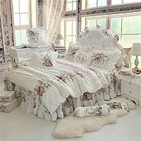 LELVA Chic Bedding for Girls Shabby Vintage Rose Floral White Duvet Cover Bed Skirt Set Lace Ruffle Design Cotton Queen Size 4 Piece