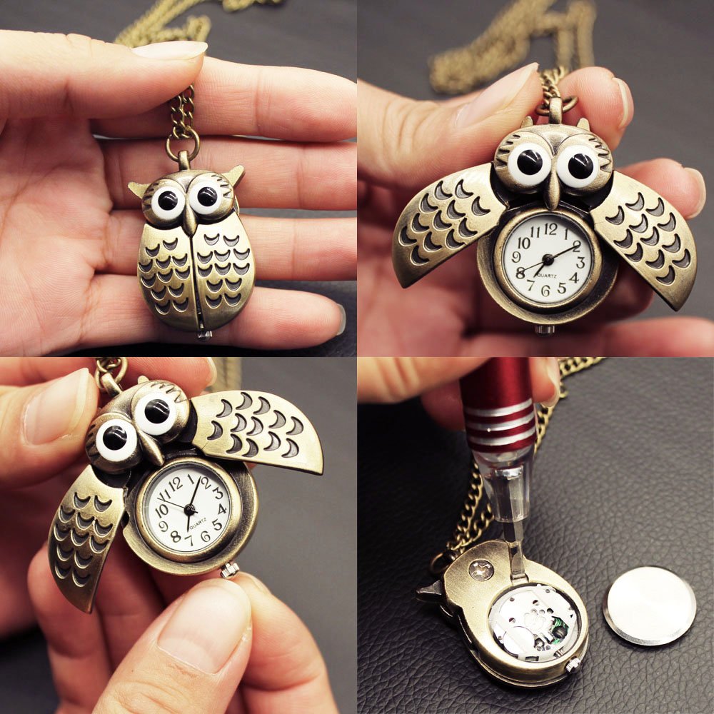 LightOnIt Vintage Cute Flying Owl Pocket Watch, Long Chain Sweater Pendant Necklace, for Women Men Boys Girls Birthday Christmas Gift (Wings)