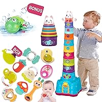 Baby Toys 0-6-12 Months, Rattle and Teether Toys and Stacking Cup Toy, Sensory Toy Birthday Gift for Baby Boys & Girls