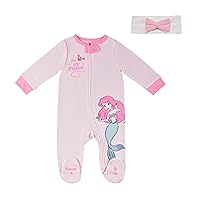 Disney Princess Girls’ Long Sleeve Footed Romper Coverall With Bow Headband for Newborn – Pink/White